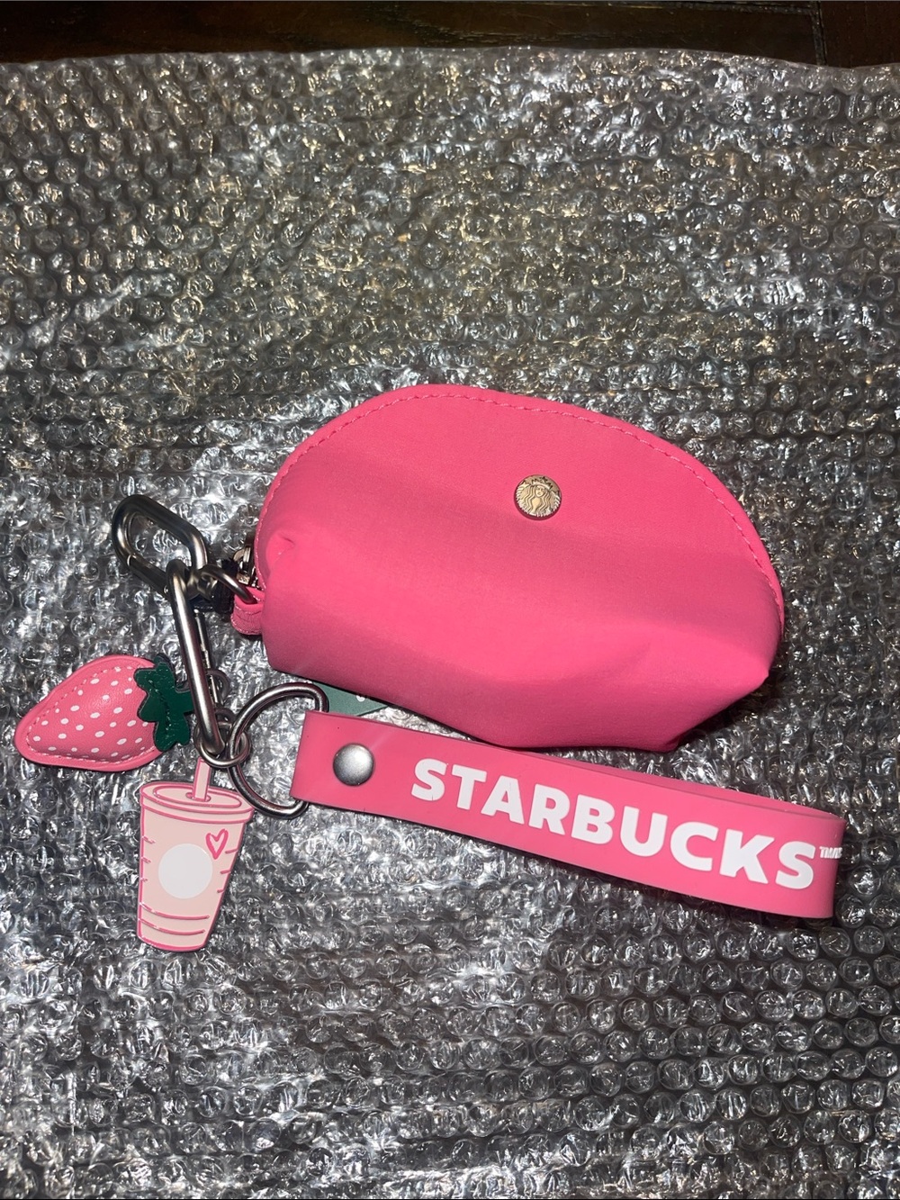 Starbucks Hot Pink Mini Pouch Wrislet with Charm Keychain